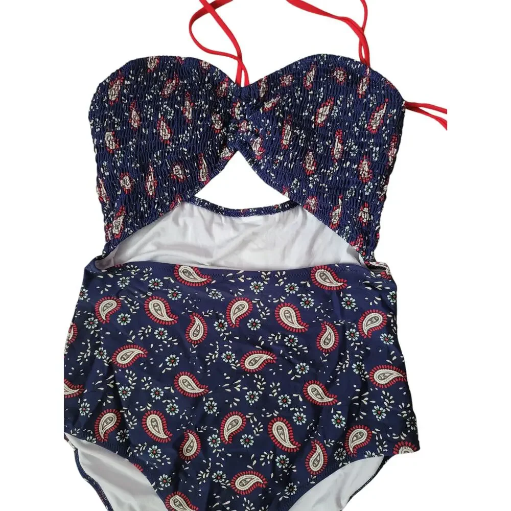 Cupshe‎ one piece swimsuit Paisley cut out halter navy blue red size medium